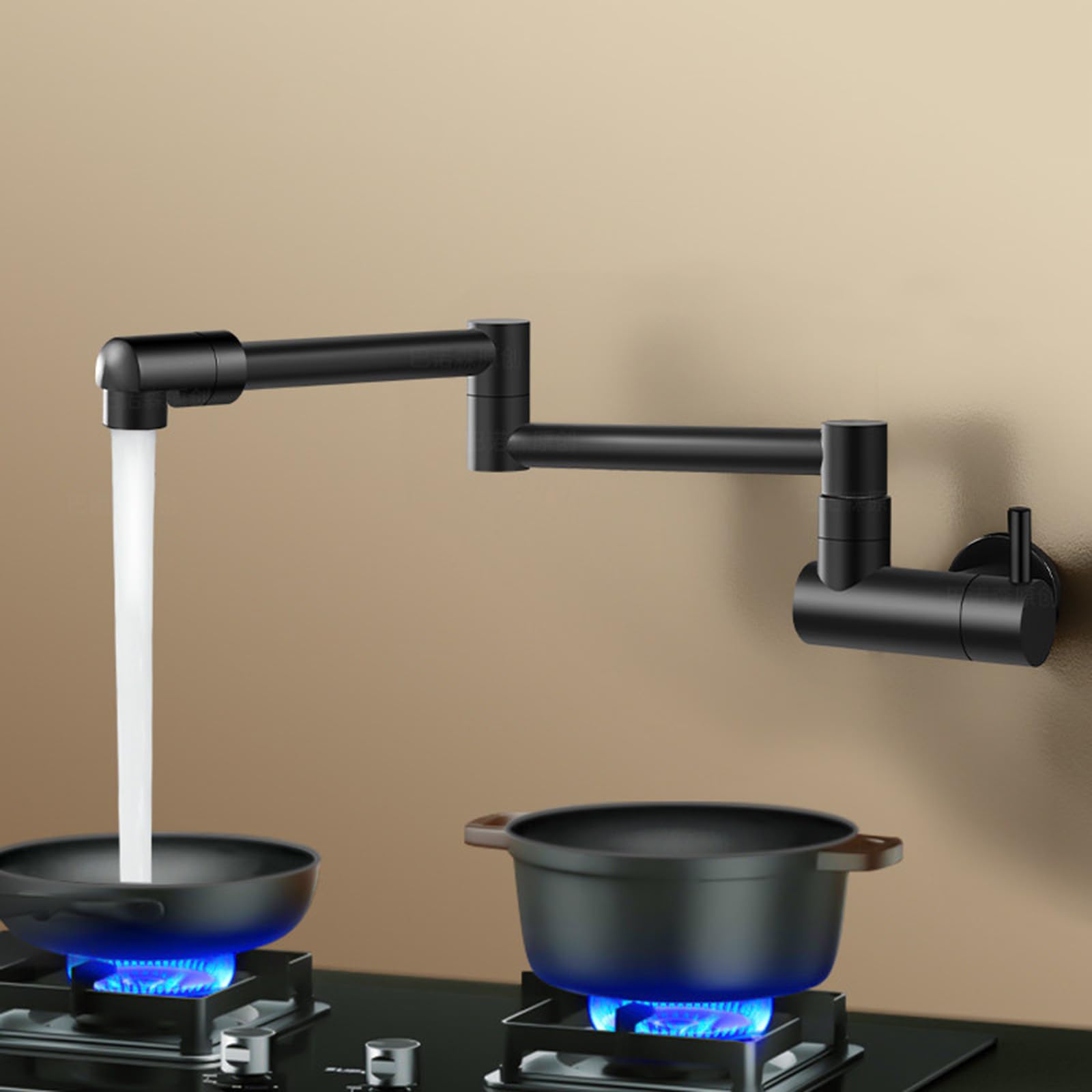 Mitigeur Mural Cuisine Rotatif À 360 ° Robinet De Remplissage De Casserole Pliable Rétractable En Laiton Eau Froide Uniquement,Noir
