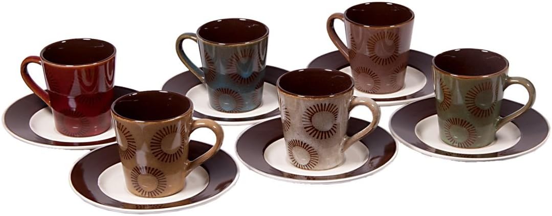 Set of 6 Demitasse Stoneware 2.7 Ounce Espresso Cup and Saucers (Molti Color Reactive Sun)