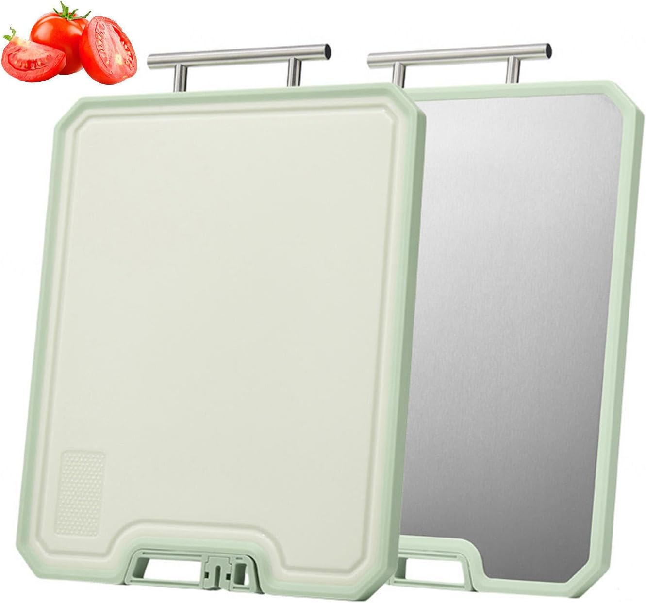 Stainless Steel Chopping Board Double-Sided Titanium/Wheat Straw, Large Size 15.7in×12in, Cutting Board Dishwasher Safe with Handle and Stand Design