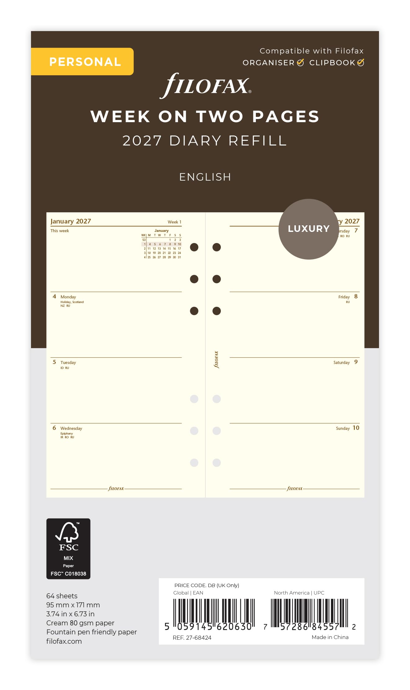 Filofax Personal Week on two pages cotton cream English 2027 diary 27-68424