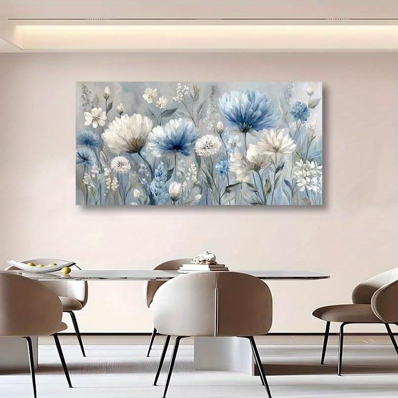 Tableau abstrait bleu et blanc floral impression sur toile encadrée salon 85x130 cm