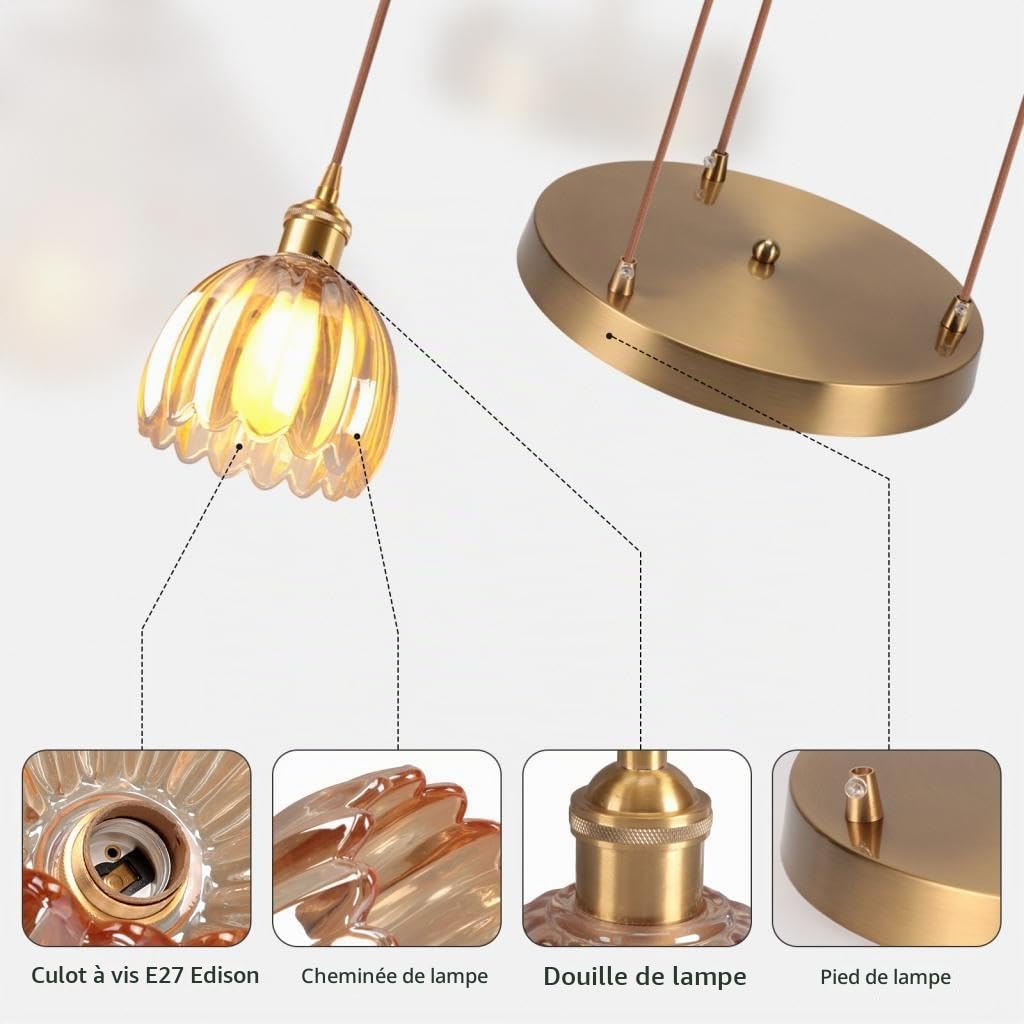 Suspension Luminaires en Verre 3 Lampes Intérieure Moderne Ambre Fleurs Lampe Suspendue Vintage Laiton Doré Lustre Plafonniers pour Cuisine Cuisine Salon Chambre