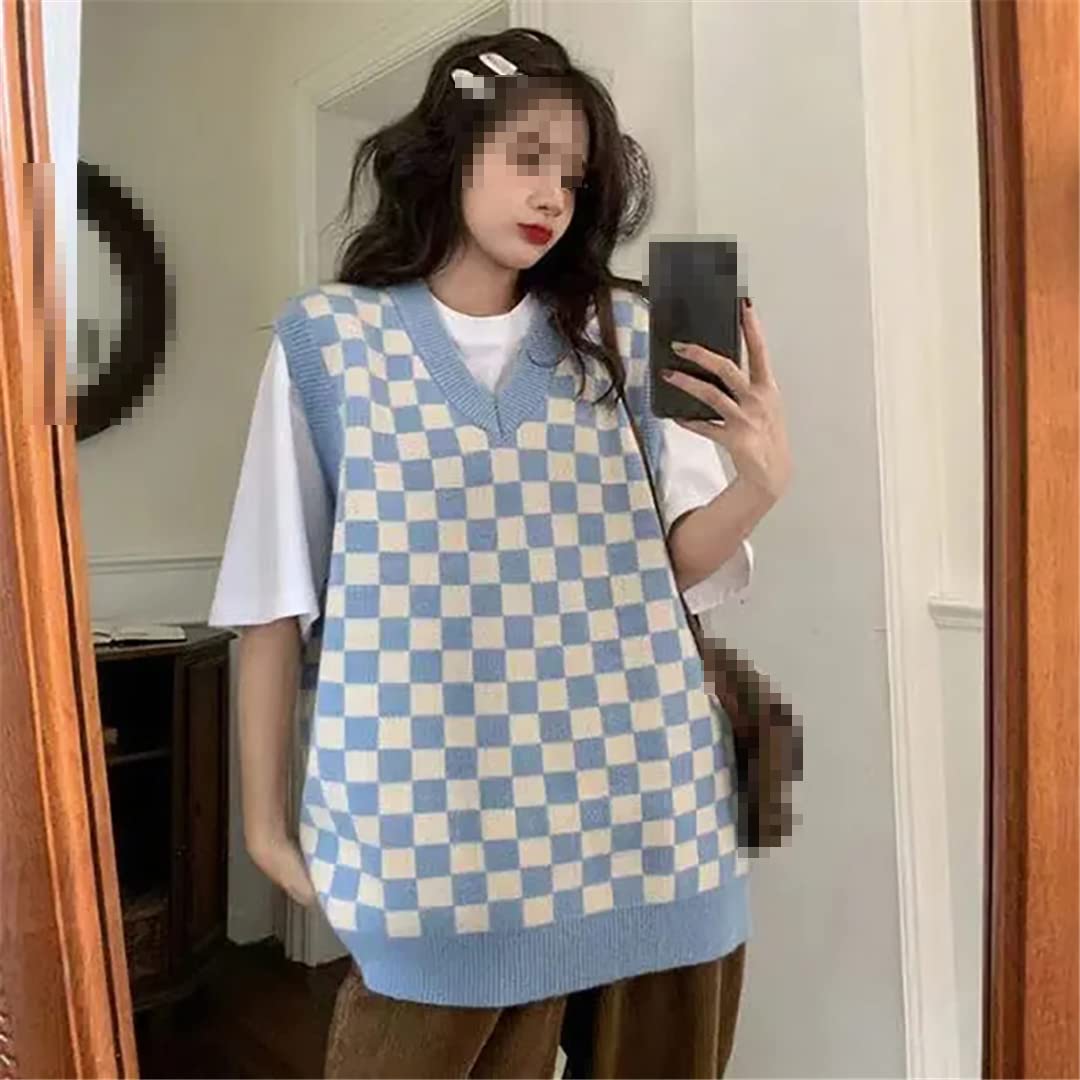 Suéteres Básicos Sin Mangas con Cuello En V Y Estampado A Cuadros De Talla Grande para Mujer