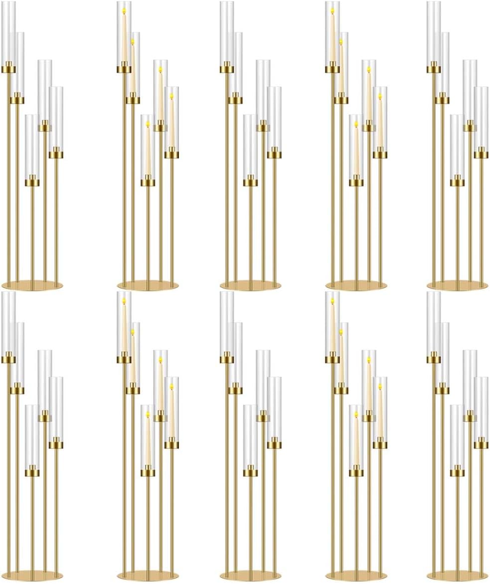 42.5in Gold Candle Holders for Table Centerpiece Candelabra Candlestick Holders Decor Wedding Centerpiece Table Decorations 5 arm Candle Holder Set of 10 Acrylic lampshade Fit 0.9" LED Candle