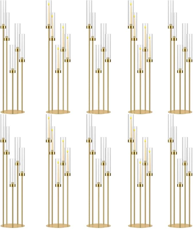 42.5in Gold Candle Holders for Table Centerpiece Candelabra Candlestick Holders Decor Wedding Centerpiece Table Decorations 5 arm Candle Holder Set of 10 Acrylic lampshade Fit 0.9" LED Candle