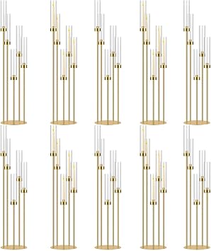 42.5in Gold Candle Holders for Table Centerpiece Candelabra Candlestick Holders Decor Wedding Centerpiece Table Decorations 5 arm Candle Holder Set of 10 Acrylic lampshade Fit 0.9" LED Candle