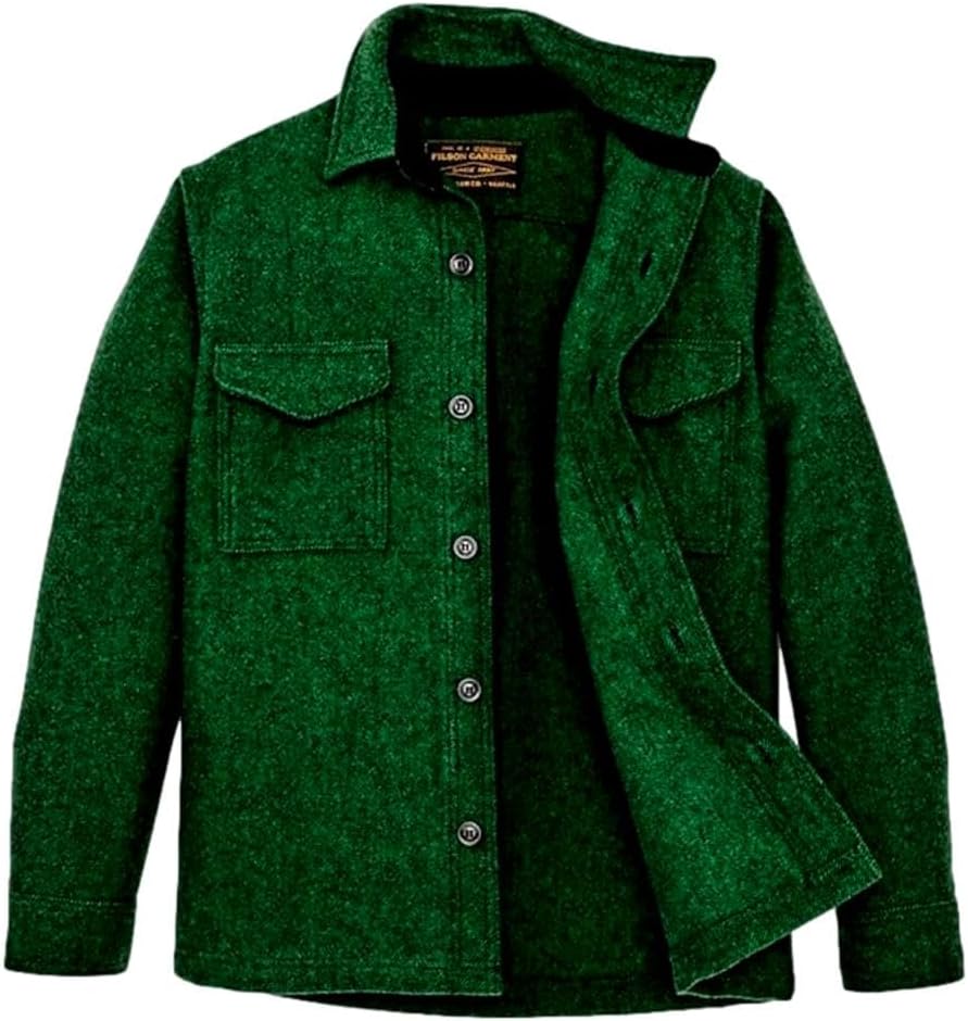 Filson Men's Mackinaw Wool Jac-Shirt, Kelly Green/Black Twill
