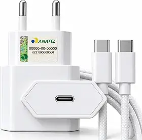 Carregador 30W USB-C PD 3.0 com Cabo Tipo C 1m, Fonte Turbo Bivolt para Carregamento Rápido, Compatível com Samsung, Motorola, Xiaomi, iPhone 15 e Tablets