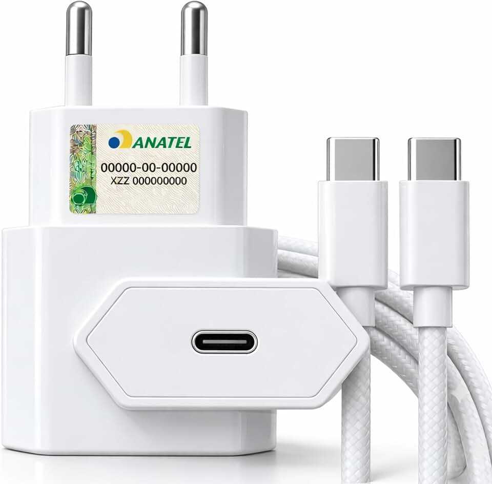 Carregador Turbo 30W USB-C Power Delivery PD 3.0 com Cabo USB-C para USB-C 1 Metro 3A Carregamento Rápido 6.1 A Compatível iPhone 15 Samsung Xiaomi Motorola Fonte Tipo C Bivolt