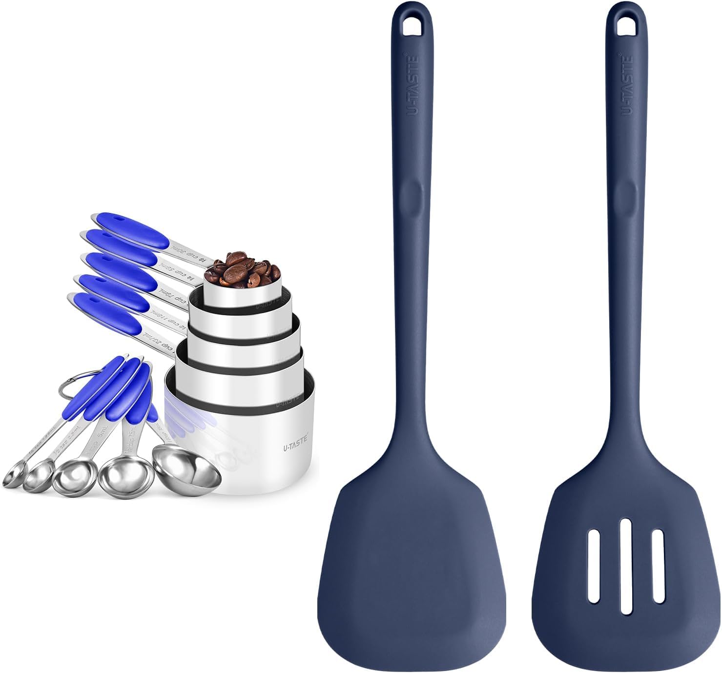 U-Taste 18/8 Stainless Steel Measuring Cups and Spoons Set (Set of 10,Multicolor), and 600℉ Heat Proof Long & Wide Silicone Solid & Slotted Turner for Egg, Pancake (Set of 2, Midnight Blue)