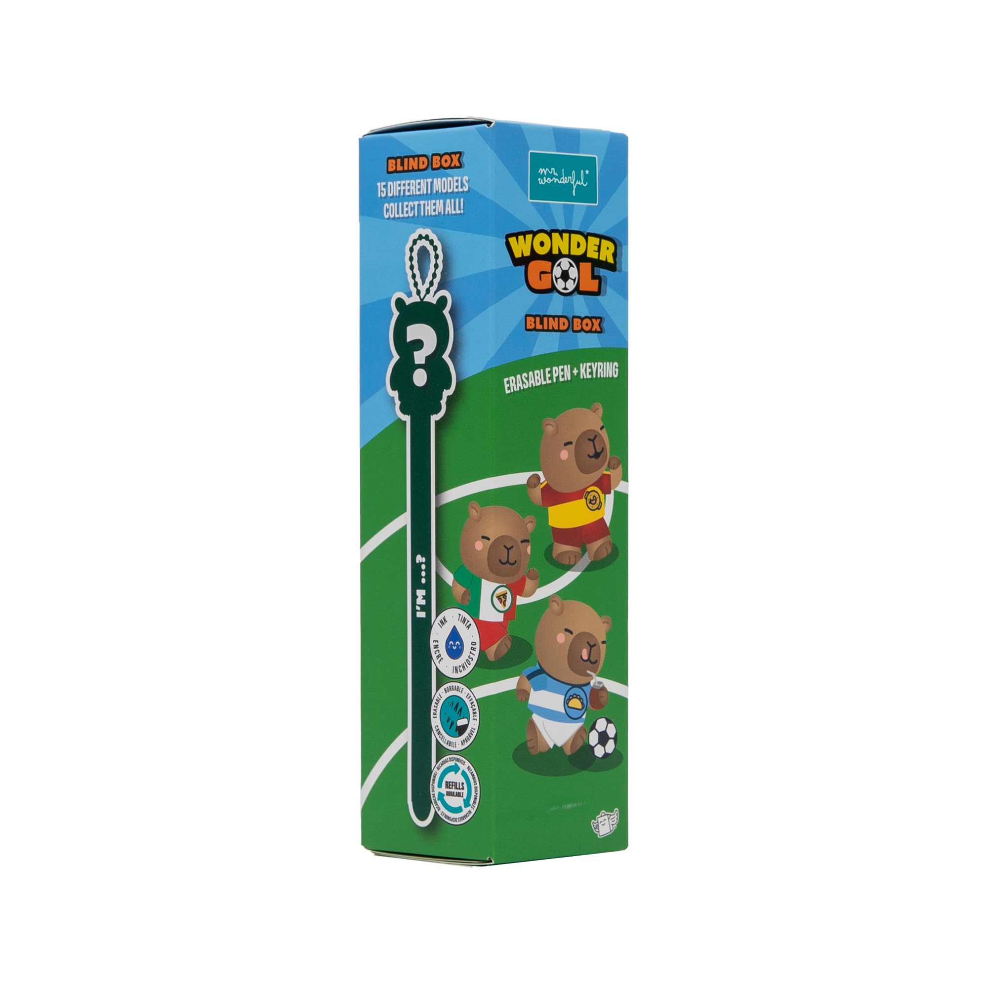Mr. Wonderful Wonder Gol Blind Box Bolígrafo Borrable Sorpresa, Llavero Capibara, Bolis Coleccionables, Tinta Azul