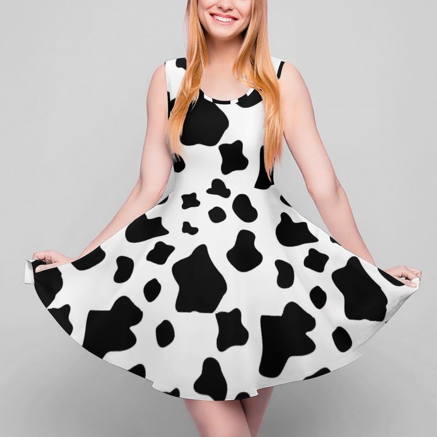 Cow Print Summer Dresses for Women Sleeveless Beach Sundress Swing Mini Tank Dress 5X-Large