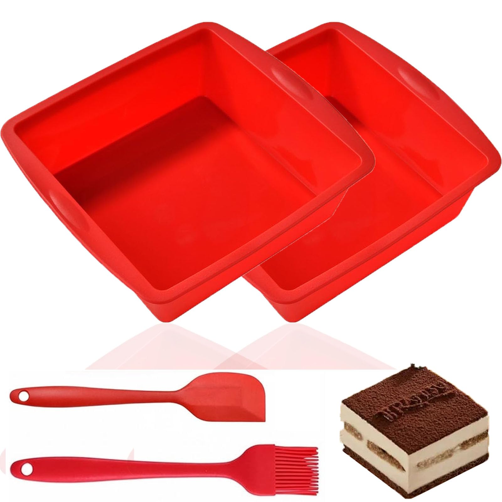 LPVVPEZ 2 Pack Silicone Square Baking Pan 7 Inch with Brush and Scraper, BPA Free Nonstick Square Cake Tin Reusable Mould for Brownies Bread Pudding Lasagna Red