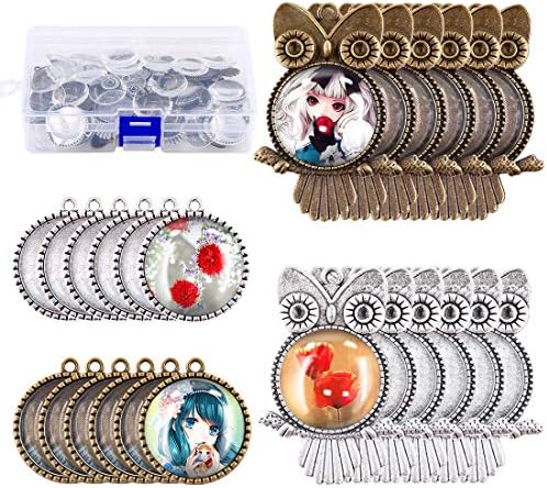 Glarks 48-Pieces Mixed Antique Bronze Silver Owl & Tree Bezel Pendant Tray with Glass Cabochons Charm Cameo Tray for Bracelet Necklace Crafting DIY Jewelry Gift Making
