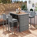 5 Piece Patio Wicker Bar Set, 4 Bar Height Chairs With Non-Slip Feet And Fixed Rope, Outdoor Garden PE Rattan Wicker Bar Set, Modern Patio Dining Set, Acacia Wood Table Top, Brown Wood And Gray Wicker