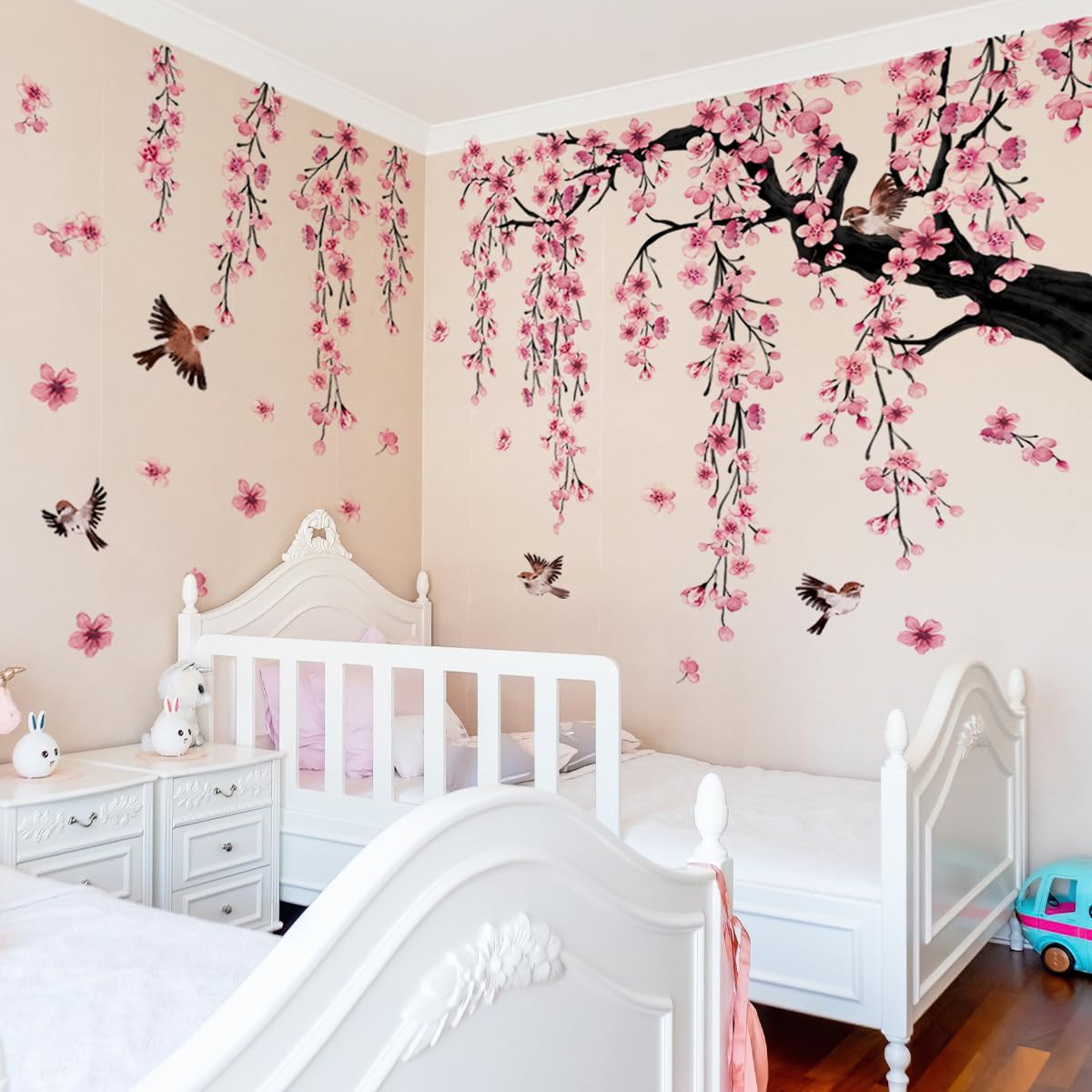 Runtoo Large Cherry Blossom Tree Wall Decals Peel and Stick Pink Floral Wall Art Stickers for Living Room Bedroom Nursery Flower Decor - Image 3