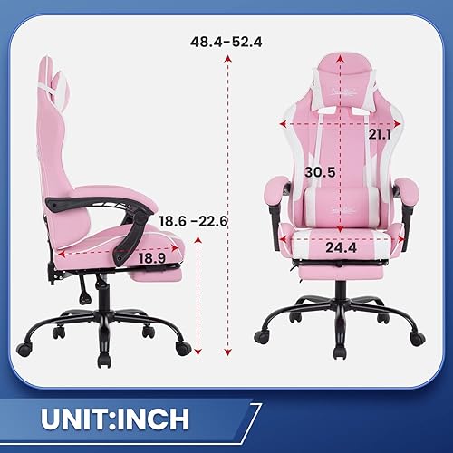 Miniatura 27 de Silla de oficina para videojuegos, silla de escritorio con reposapiés, soporte lumbar, reposacabezas y reposabrazos, giratoria, ergonómica, para