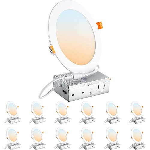 DLLT LED Recessed Ceiling Lights: 12 Pack 6 Inch 5CCT Ultra-Thin Lighting with Junction Box for Bedroom - 1200LM Brightness 12W Eqv 110W Dimmable Canless Wafer Downlight with ETL&FCC