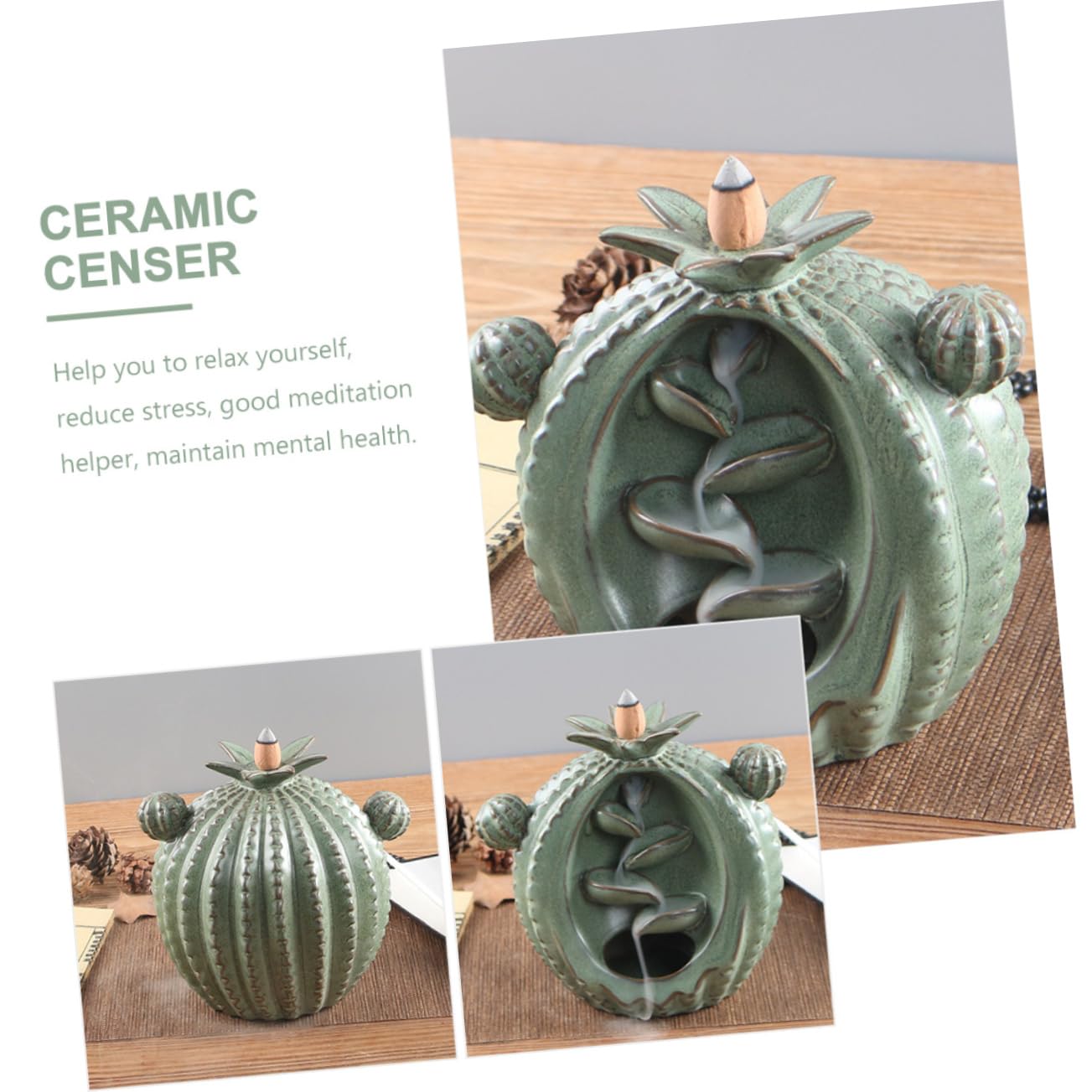 Quemador de Incienso en Cascada de Cactus de Cerámica Verde