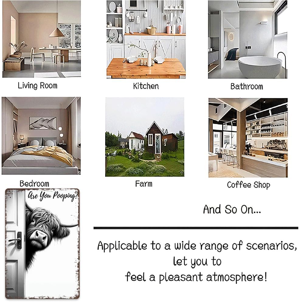 Vintage Highland Cow Aluminum Sign: Funny "Are You Pooping?" Black and White Bathroom Wall Decor for Western & Highland Cow Lovers 8 x 12 Inch - Image 7