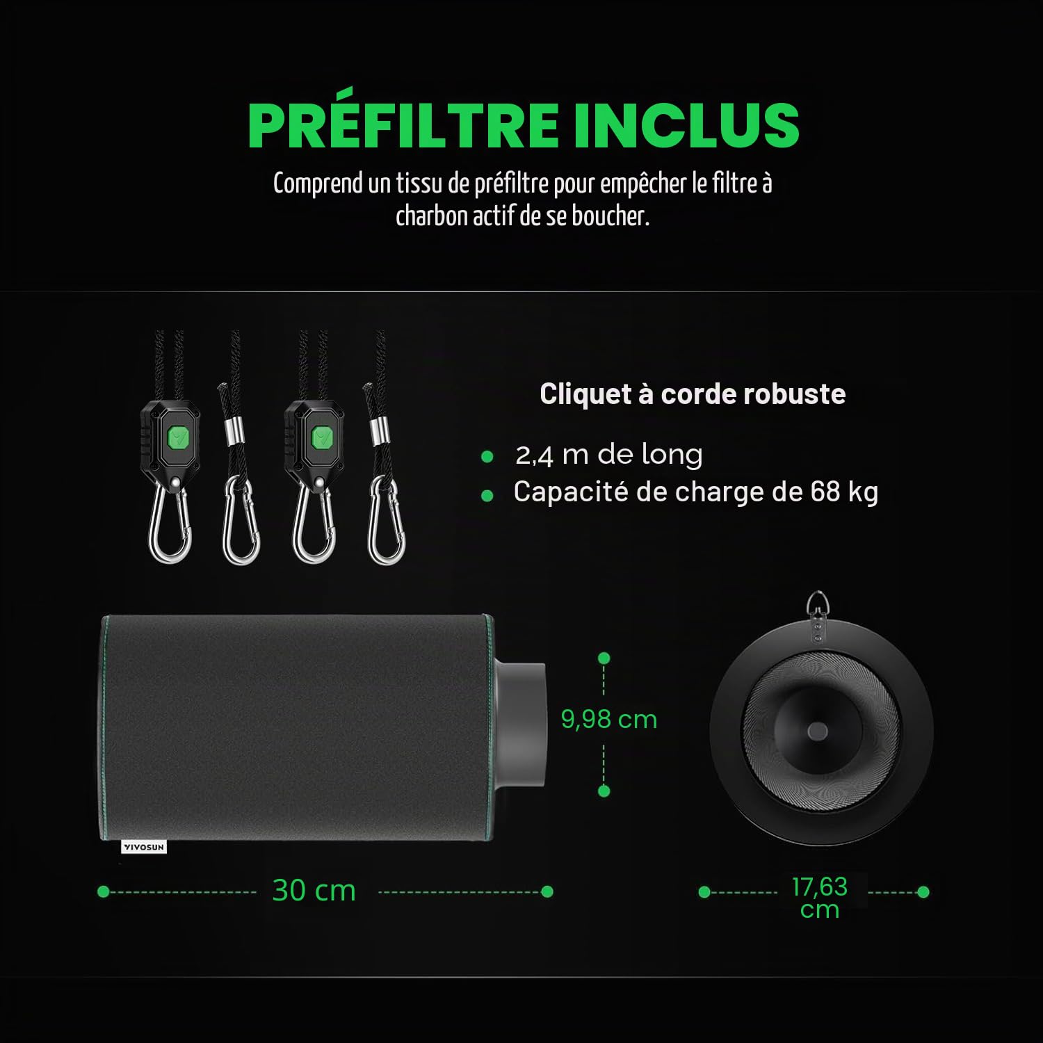 VIVOSUN Filtre à Charbon Actif 100mm pour Contrôle Odeurs Charbon Vierge d'Australie pour Ventilateur en Ligne, Epurateur Odeurs pour Tente de Culture Pré-Filtre Inclus Bride Réversible Noir