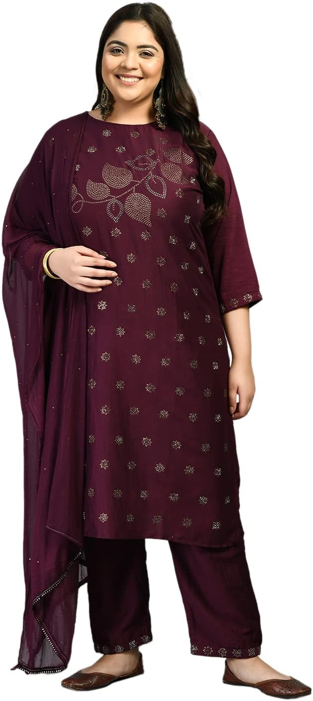 PrettyPlus by Desinoor.comWomen Plus Size Kurta Trousers Set with Dupatta in Wine Color Having siroski Work on Front with Solid Dupatta on Cotton Silk Fabric.