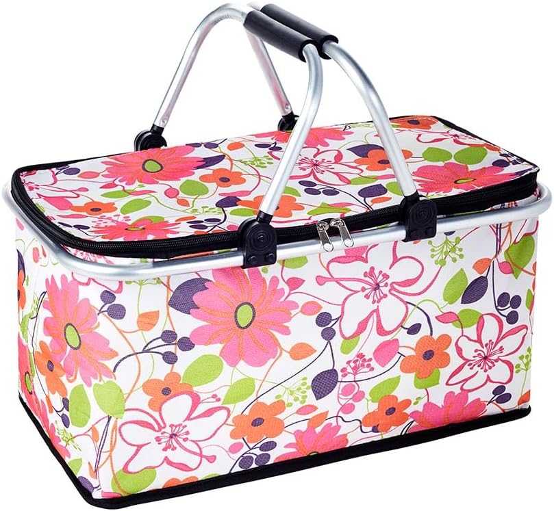 Floral Insulated Picnic Basket with Aluminum Handles