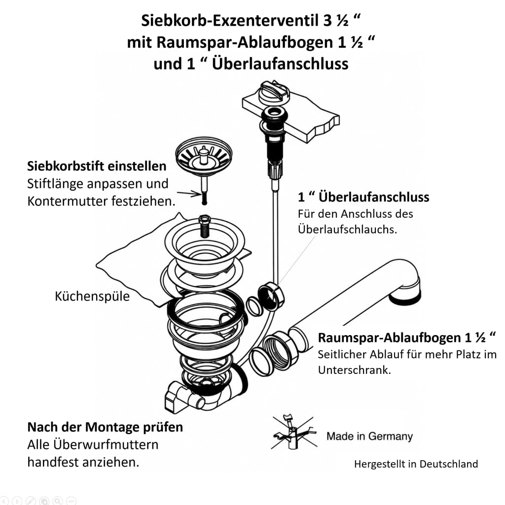 keenberk Piletta per lavello con setaccio 3 1/2" – Ø 114 mm con controllo rotante via cavo eccentrato