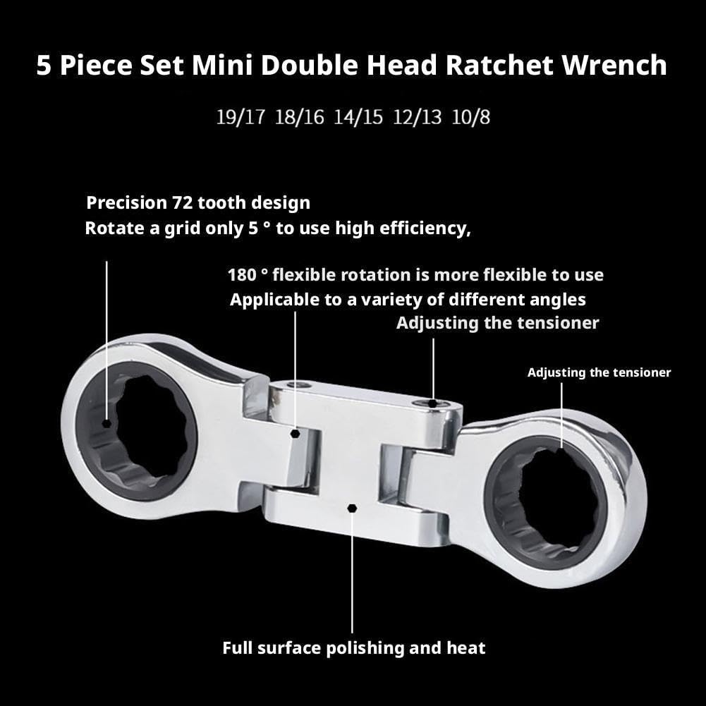 Dual-Drive Nano Flex-Head Pocket Ratchet,5 Pcs 3/4“ Flex Head Ratcheting Wrench Set,180° Mini Retractable Double Box End Ratcheting Wrenches Set,Ratchet Spanner Crooked for Narrow Spaces (Gloves)