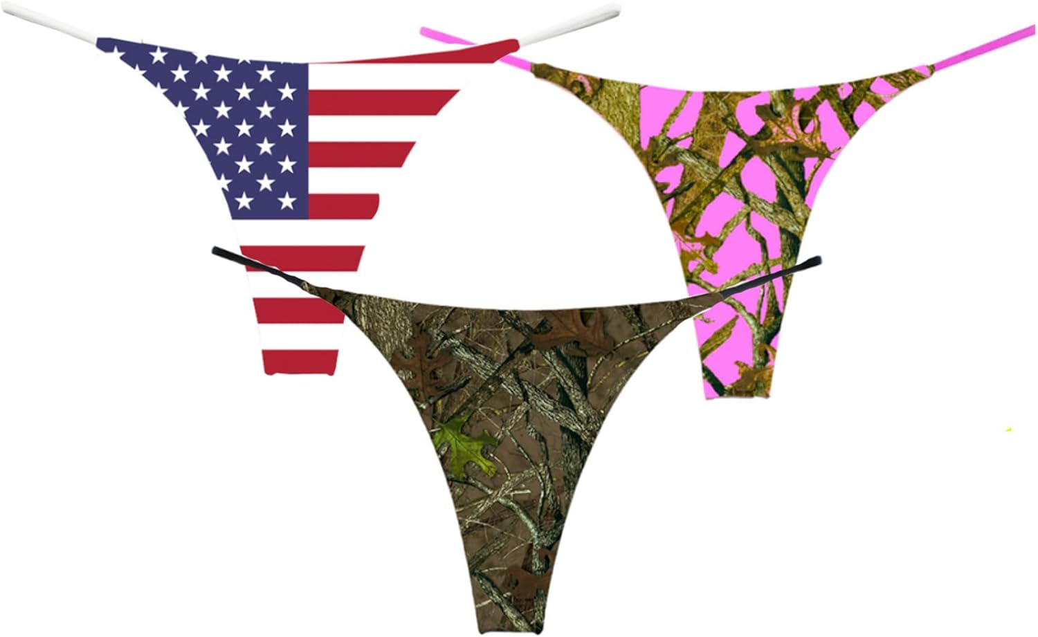 American Flag Pink Camo and Traditional Camouflage Thong Set (Pack of 3)