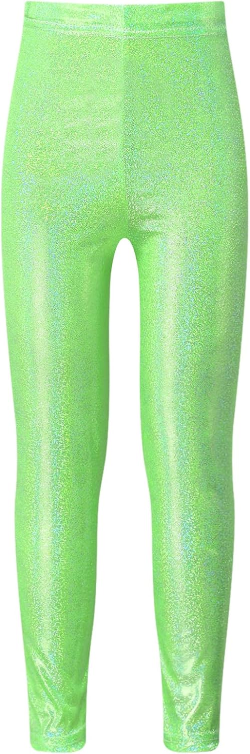 JanJean Girls Kids Sparkle Metallic Athletic Tumbling Leggings Skinny Tights Pants for Teens Gymnastic Leotard Dance