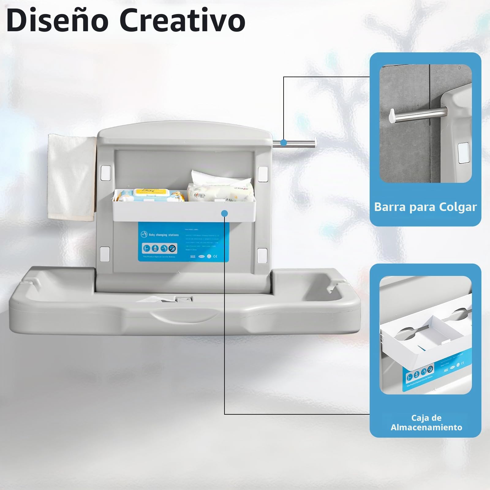 Cambiador con escudo de Bebé Cambiador de Pared Cambiador de Bebé Plegable Cambiador de Pañales Baños Comerciales Horizontal HDPE Meterial con Correa de Seguridad Blanco Gris