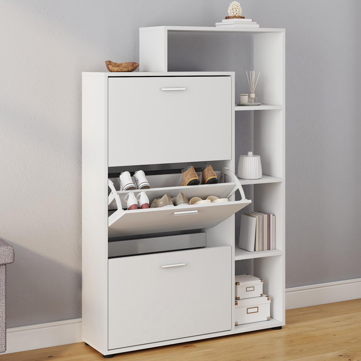 IDMarket KLARK - Zapatero de 18 pares de 3 puertas con estante blanco