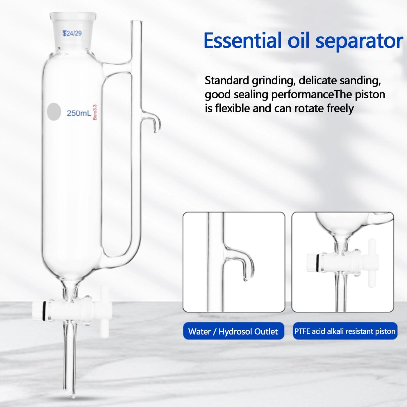 Separatore di olio essenziale di vetro di laboratorio con separatore del ricevitore dell'olio d'acqua congiunto 24/29 per la distillazione dell'olio essenziale (500mm)