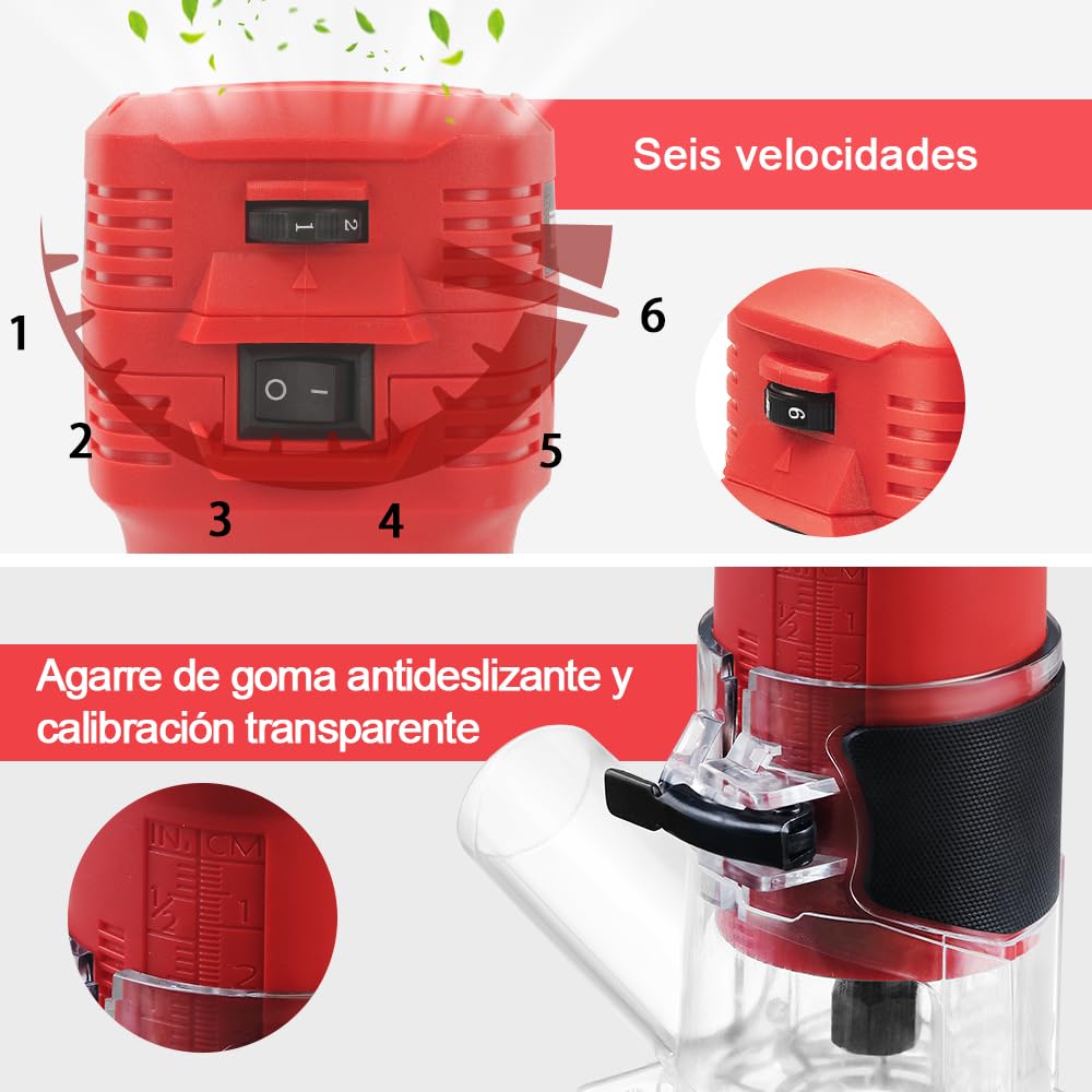 TEENO Fresadora De Madera Rebajadora Eléctrica 800W 15000-32000 RPM CON EXTRACTOR DE POLVO, 6 Velocidades Variables, 5 piezas Alicates de 1/4'',Pinza De Base Fija De 6/6.35MM