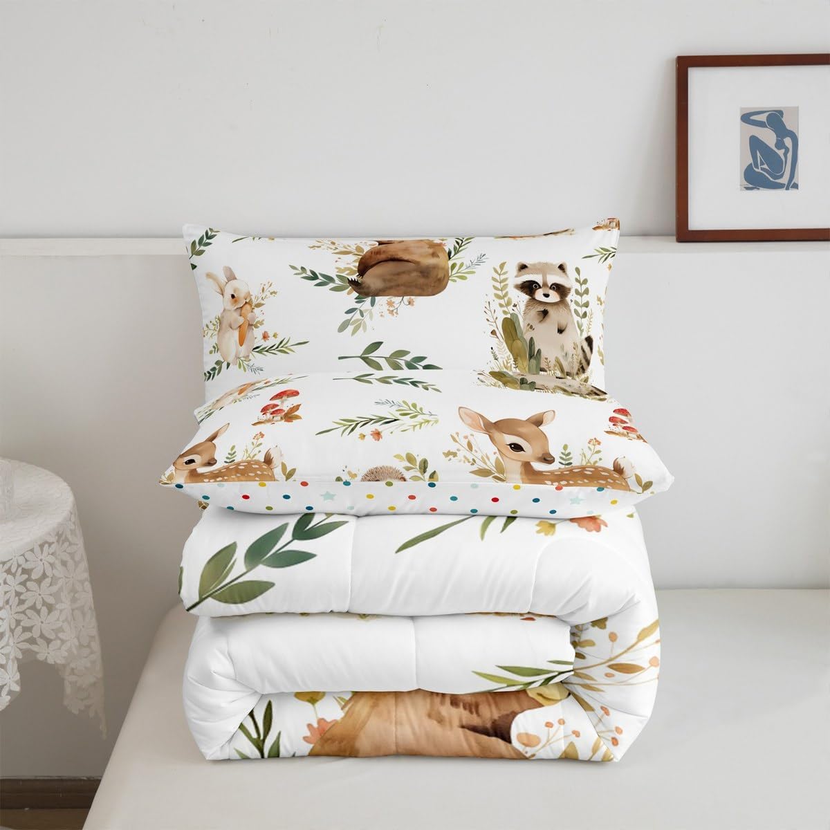 Erosebridal Kids Cute Deer Full Size Bedding Set, Woodland Animal Down Comforter Rabbit Hedgehog Comforter Set for Boys Teens Girls Room, Mushroom Branches Rustic Quilt, Soft Microfiber