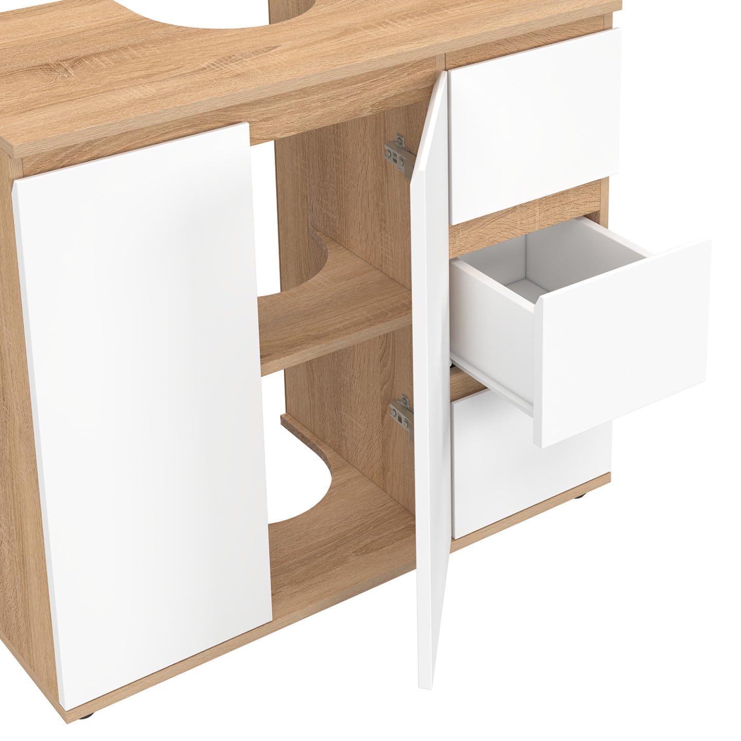 IDMarket - Meuble sous lavabo Salle de Bain TOMI avec Placard et 3 tiroirs façon hêtre et Blanc