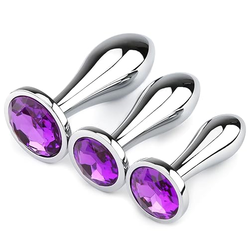 Anal Butt Plug, 3Pcs Set Safety Metal Anal Butt Plug Sex Toys with Crystal Diamond Beginner Anal Toys for Adult Unisex (Purple) - purple