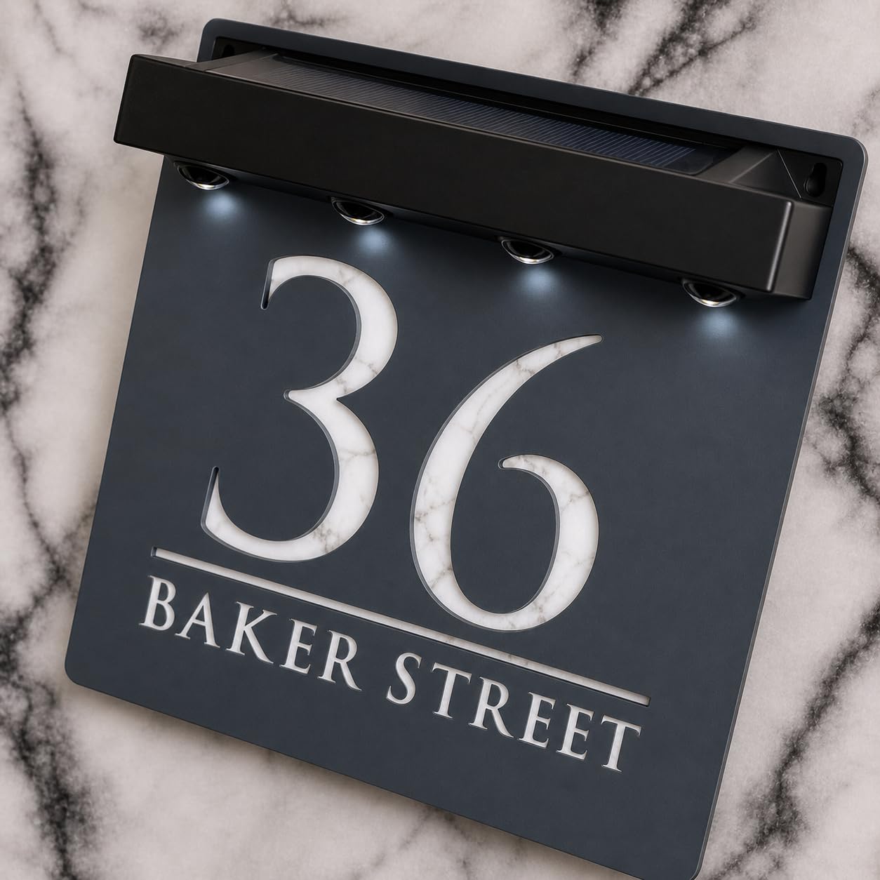 K Smart Sign | Bellissima S1 LED F32 | Square Solar Light House Signs Door Number Plaques With LED Personalised Name Address Sign For Wall With Classic Text (Matt Grey & White Marble)
