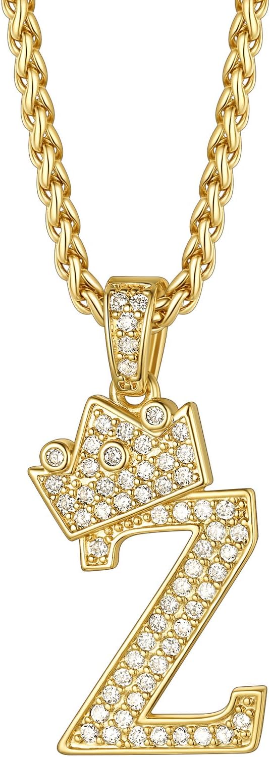 Richsteel A-Z クラウンイニシャル文字ネックレス メンズ レディース 18K ゴールドメッキ アイスアウト モノグラムペンダント 22インチチェーン+2インチ (拡張) ヒップホップアルファベットネームジュエリー(ギフトボックス付き)