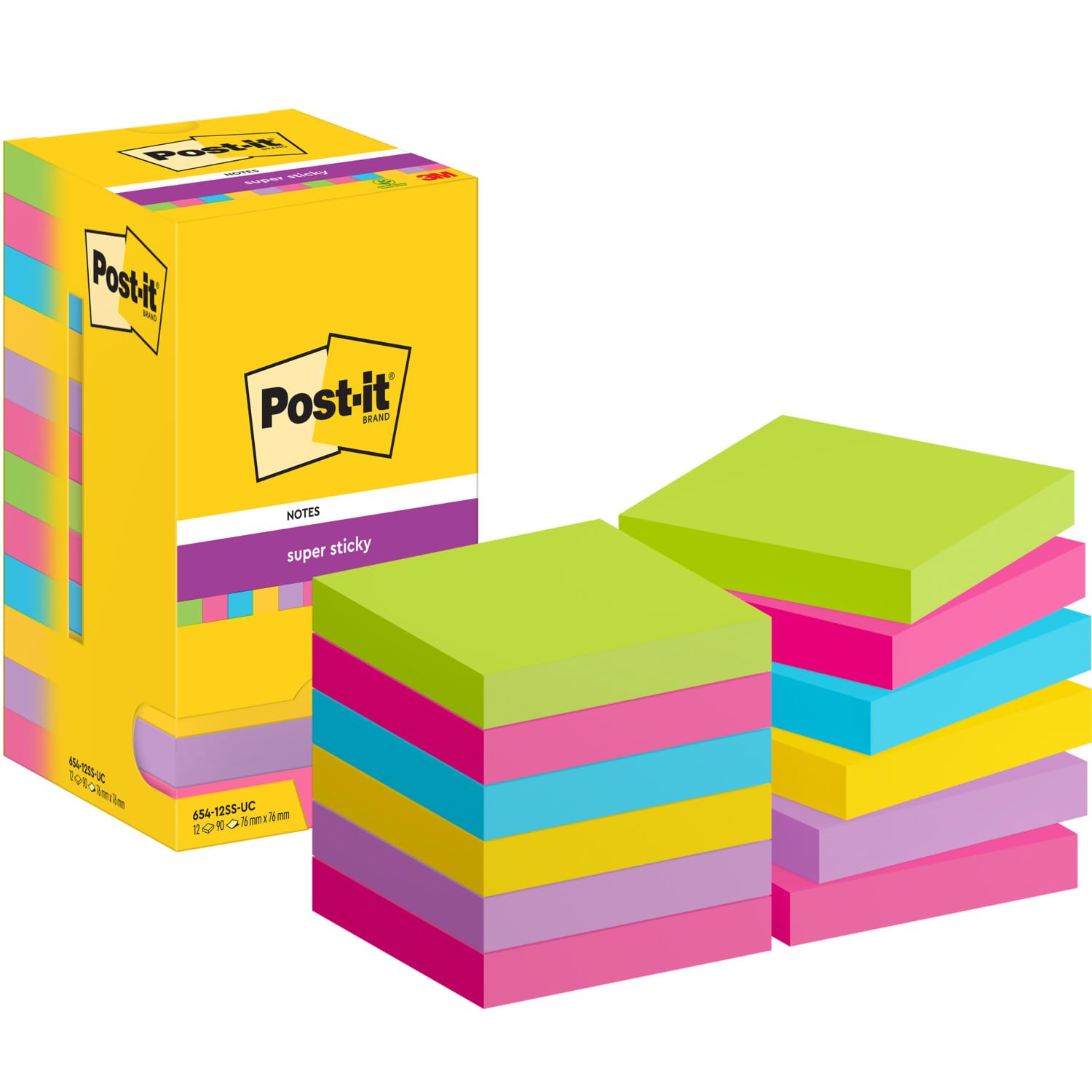 Post-​it Notes Autocollantes Super Sticky, Couleurs Assorties, Pack de 12 Blocs, 90 Feuilles par Bloc, 76 mm x 76 mm - Feuillets Super Adhésifs pour Prise de Notes, Listes de Tâches et Rappels