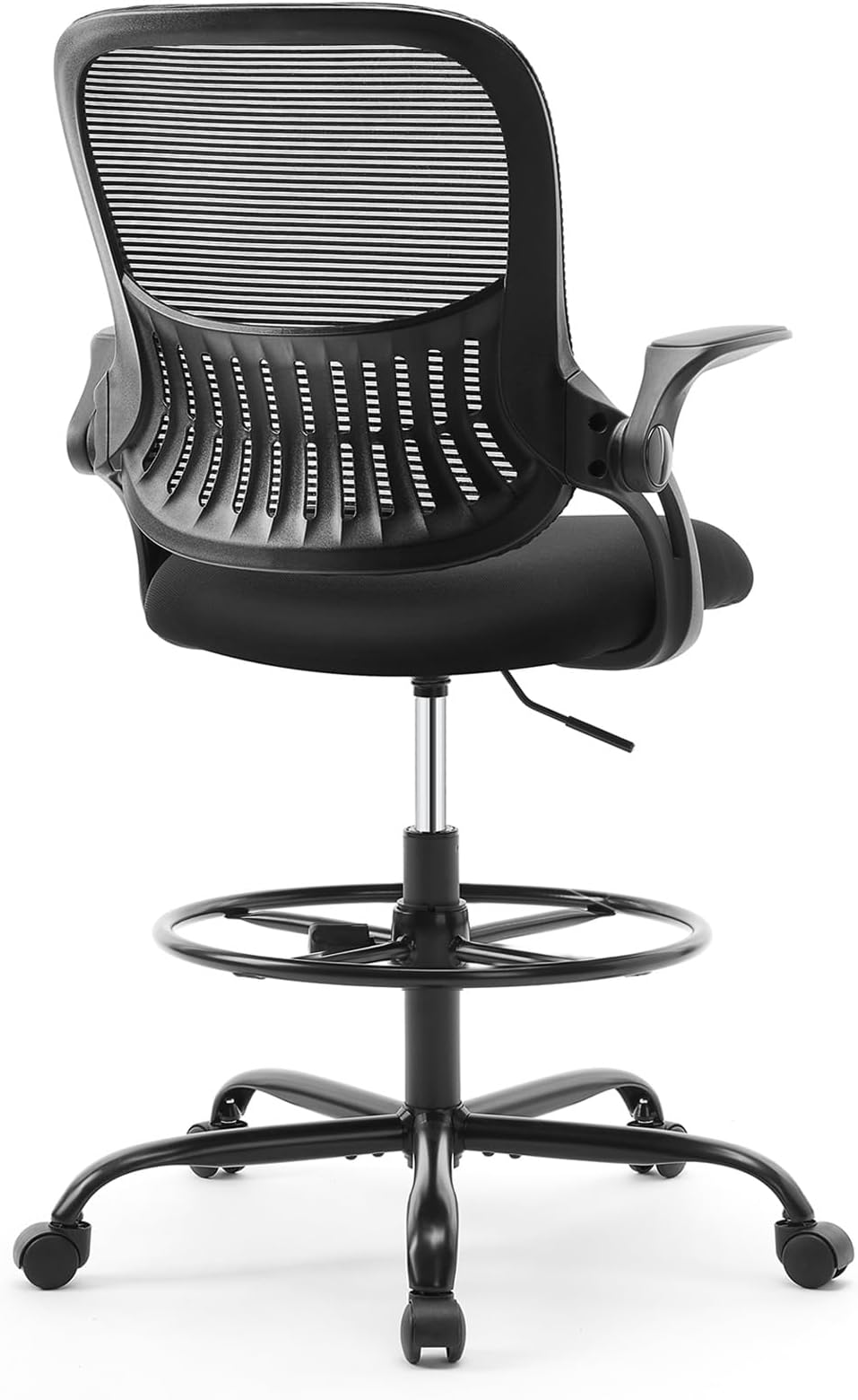 Sweetcrispy Tall Drafting Desk Chair - Ergonomic High Stool Computer with Adjustable Height and Comfy Lumbar Support, Office Rolling Counter with Flip-up Arm and Footrest, Black