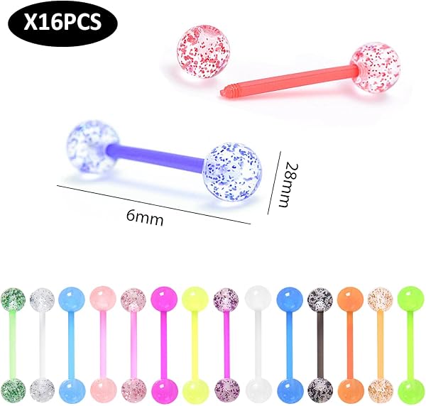 HDGSAFD Lot de 16 piercings de langue colorés en acrylique avec paillettes, bijoux de piercing de langue personnalisés - 2