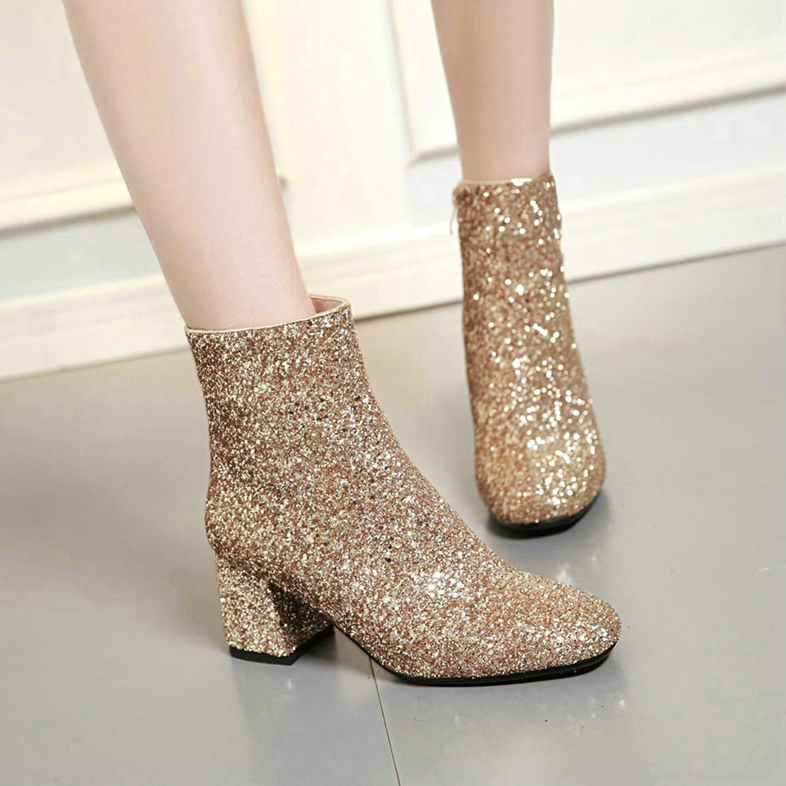 Damen Chunky Heels Ankle Boots Glitzer Stiefeletten mit Blockabsatz und Reißverschluss 6cm Absatz Pailletten Schuhe