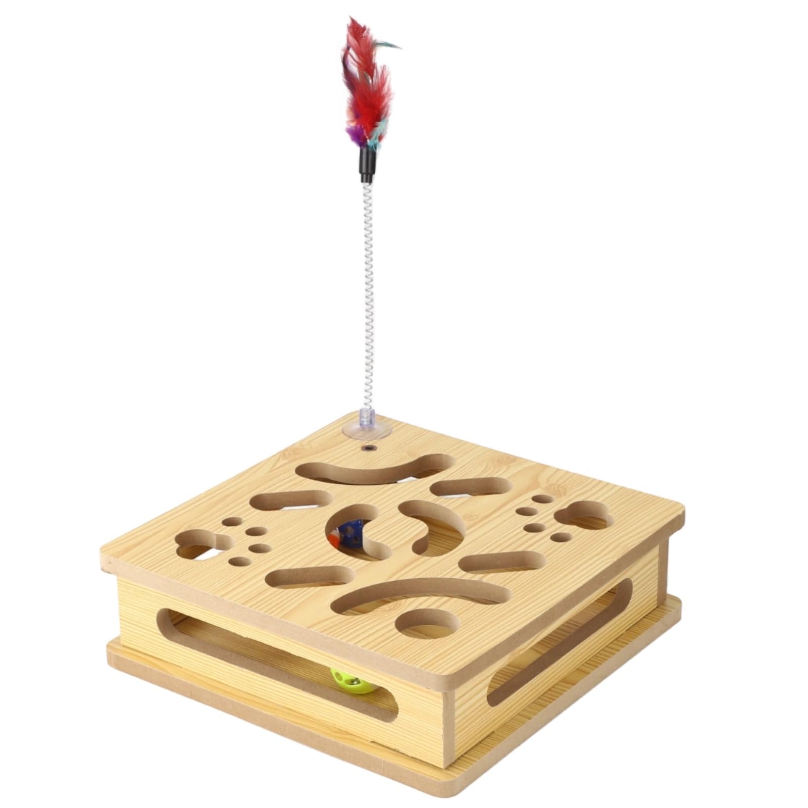 Generisch Interaktive Katzen-Spielbox aus Holz mit 3 Glockenbällen und 1 Federangel, Labyrinth-Design, REGT Jagdinstinkte an, vertreibt Langeweile, für Katzen und Kätzchen im Haus