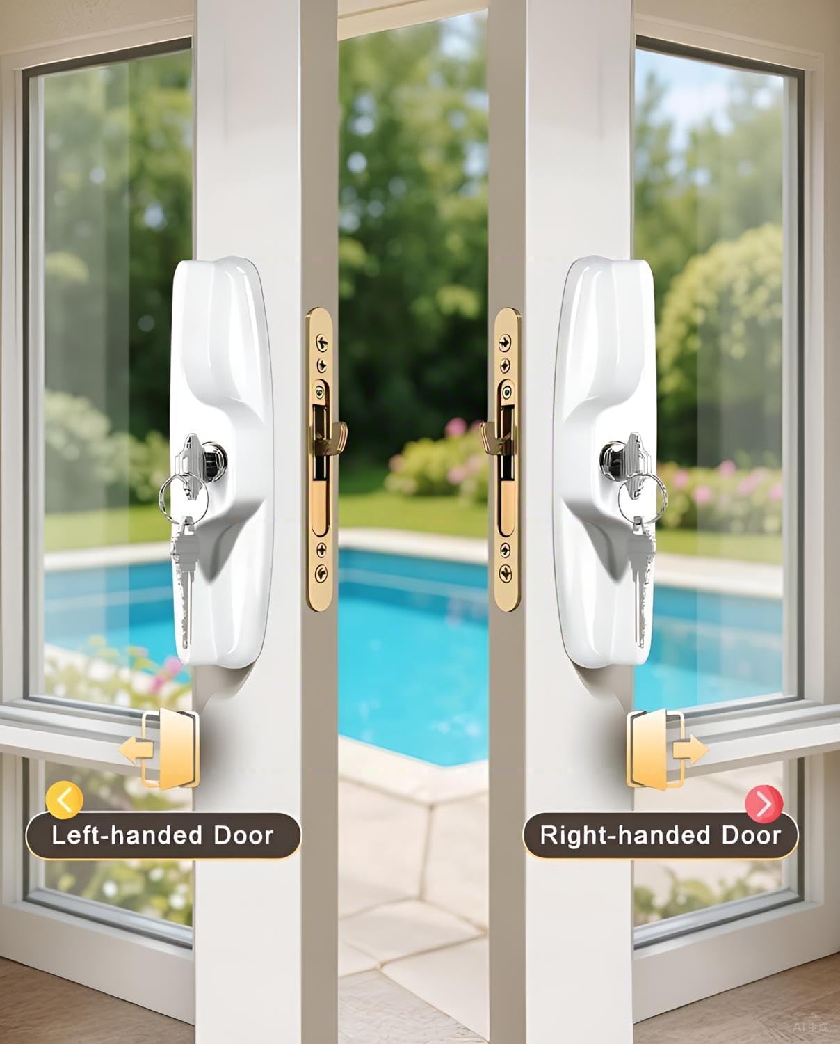 Aluminum Sliding Glass Patio Door Handle Set with Mortise Lock & Keys, Fits 1-1/4" to 2" Thick Doors 3-15/16" Hole Spacing, Adjustable Thumb Latch, Non-Handed, White
