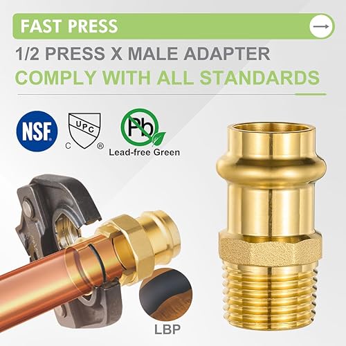 Miniatura 3 de ORIANSE Paquete de 10 accesorios Propress de latón Propress de 12 pulgada ProPress x 12 pulgada MNPT adaptador macho ProPress de cobre a tubo NPT