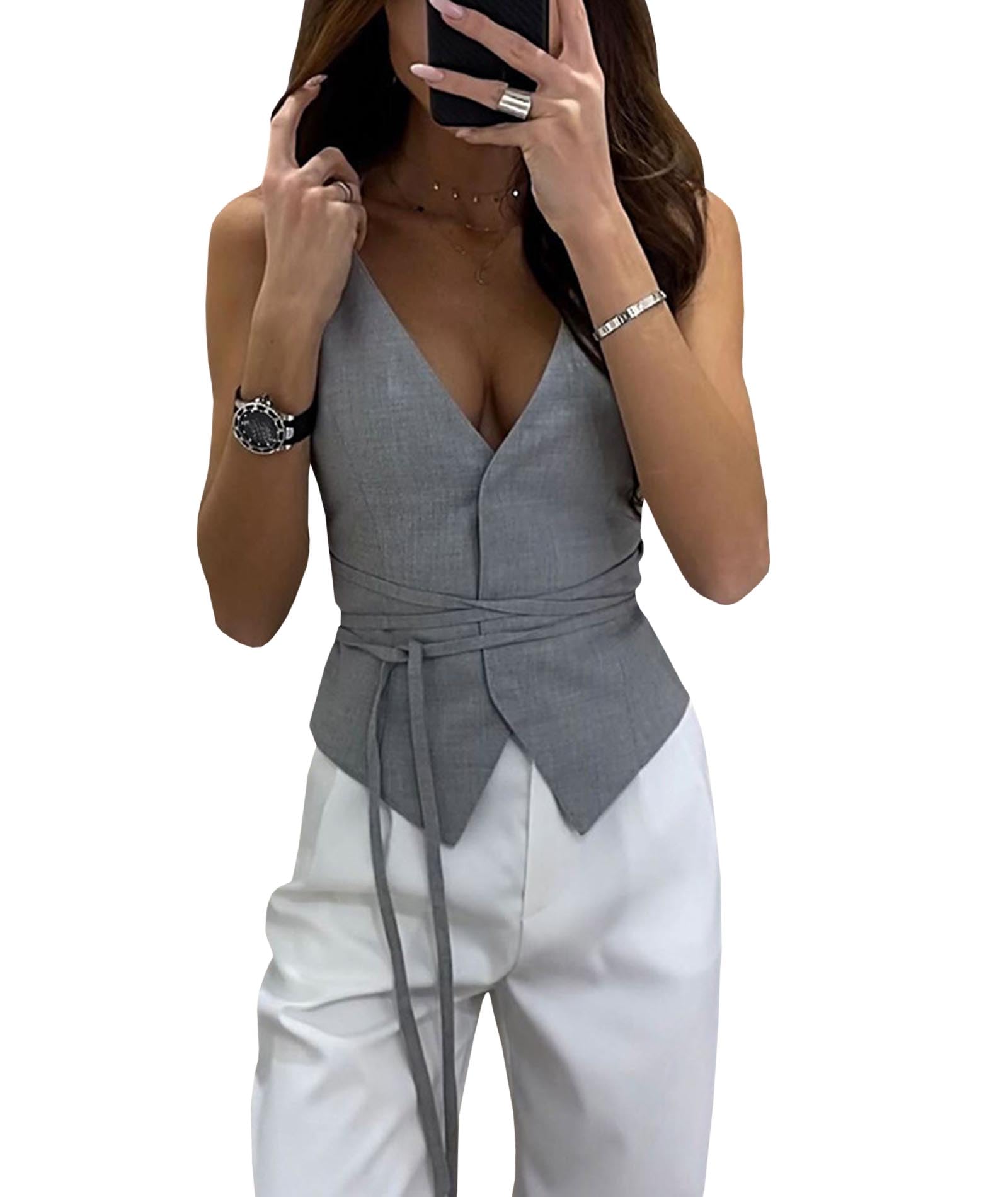 SOMTHRON Women's Sleeveless V Neck Blazer Vest Lace Up Button Down Suit Jacket Waistcoat Business Casual Tops