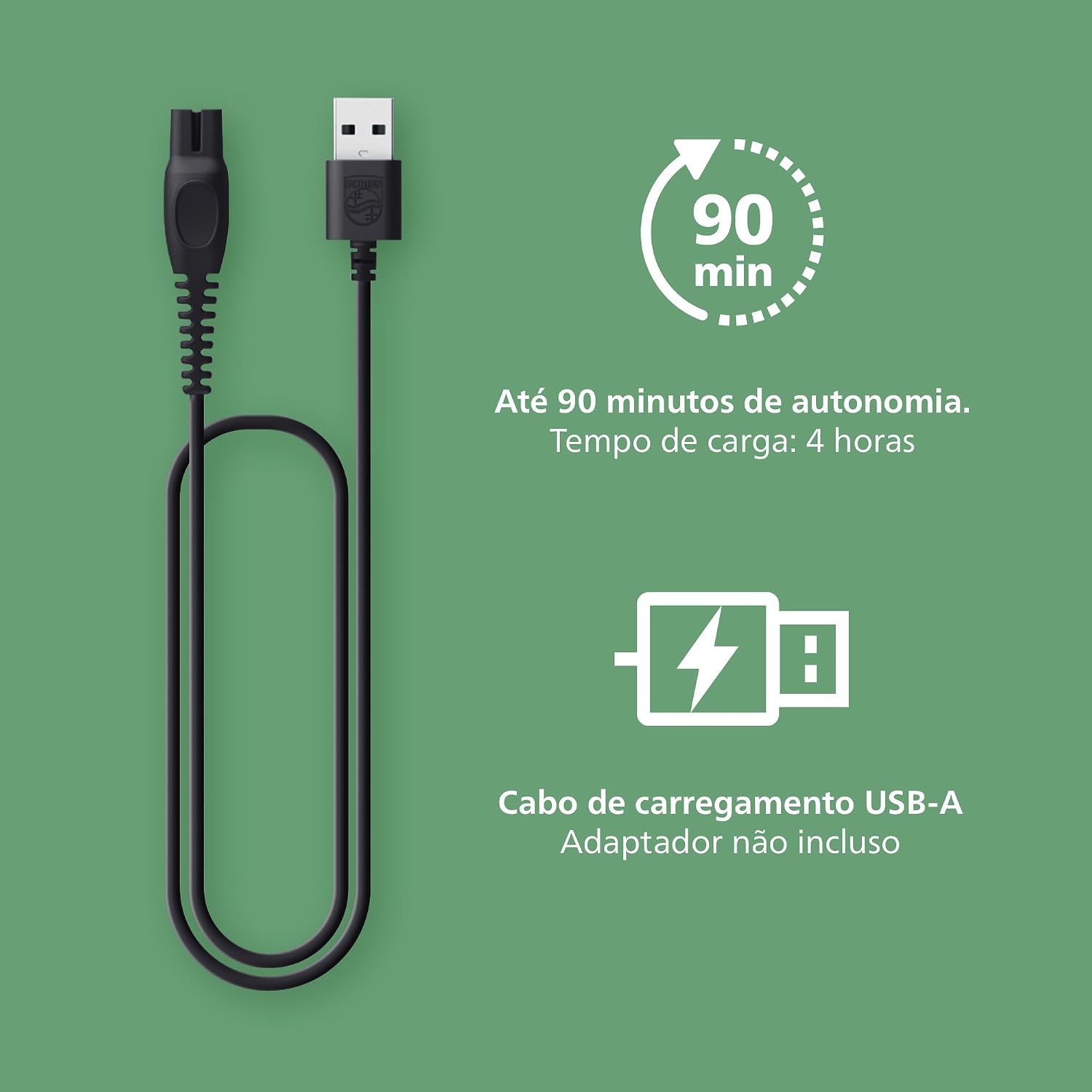 Cabo de carregamento USB-A com ícone de 90 minutos de autonomia e tempo de carga de 4 horas