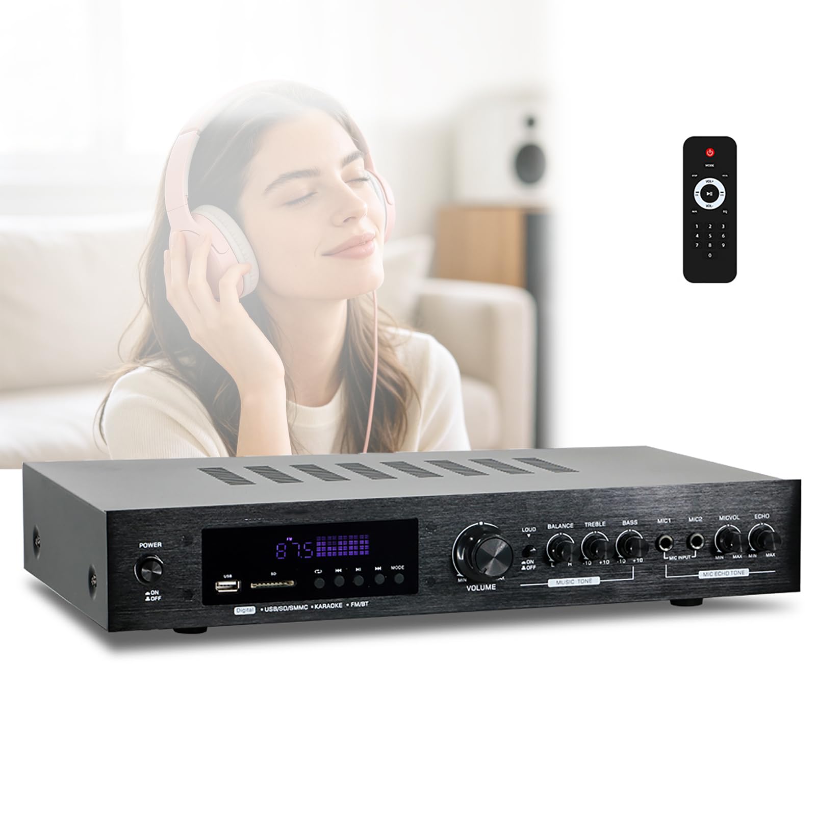 Amplificador Bluetooth Karaoke Mini Amp Inalámbrico, Amplificador Receptor Estéreo De 5 Canales Y Amplificadores Con Lcd, Entrada De Fibra Óptica Y Coaxial, Conector, Entrada De Micrófono Usb